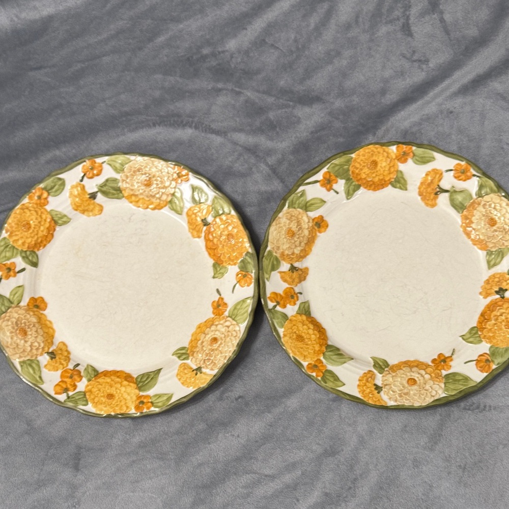 Vintage Metlox Poppytrail Sculpted Zinnia #1073 Set‎ of 2 Dinner Plates 10.5”